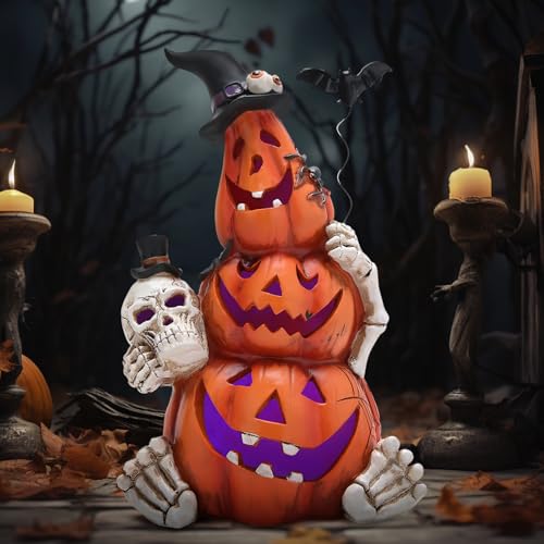 8.25-Inch Lighted Halloween Pumpkin Statue Resin Tabletop Decor