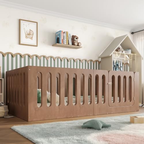 Twin Size Montessori Floor Bed Frame with High Fence and Door, Natural Wood
