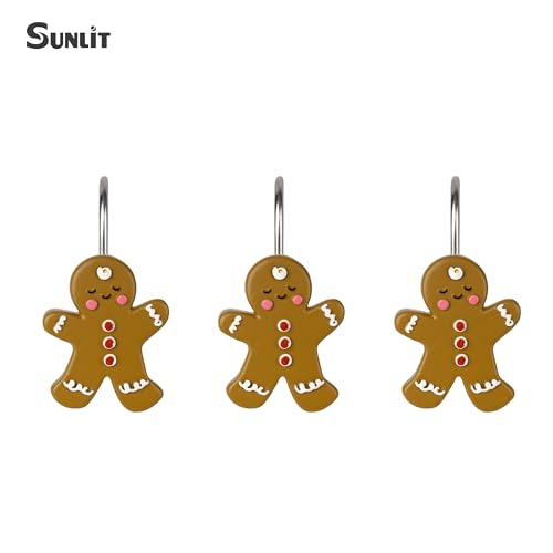 Sunlit Gingerbread Man Christmas Shower Curtain Hooks, Resin 12-Piece Set