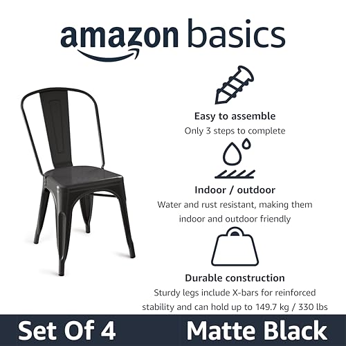Stackable Metal Dining Chairs, Matte Black, Indoor & Outdoor, 4-Pack
