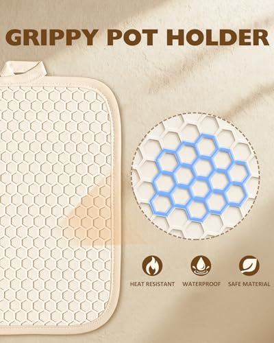 Silicone and Cotton Pot Holders with Pockets - Heat Resistant Hot Pads, 2 Pack