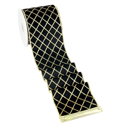 Black & Gold Velvet Wired Ribbon 4 Inch x 10 Yards - Holiday & Wedding Decor