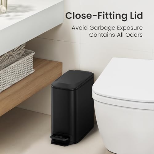 Cesun Small Bathroom Trash Can with Lid 1.6 Gal Matte Black Slim Step Bin