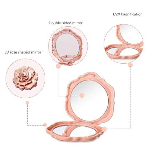 Rose Shaped Compact Mirror Set - 2 Pcs Rose Gold Pocket Mirrors for Favors