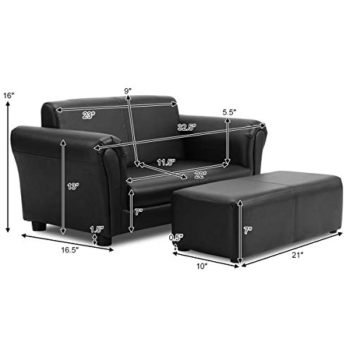 Kids 2-Seater Sofa with Ottoman - Black PU Leather Toddler Lounge Chair