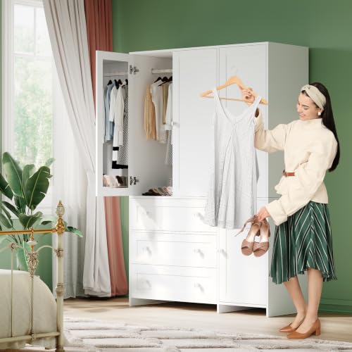 71-Inch Wooden Wardrobe Closet with Mirror, 3 Drawers and Hanging Rod
