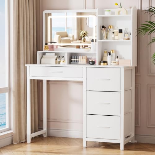 White Makeup Vanity Desk with Lighted Mirror and 4 Storage Drawers