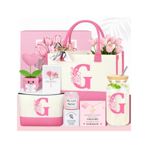 GQDECOR Personalized Monogrammed Pink Birthday Gift Set for Women, Includes G Necklace, Tote Bag & More (Variation: G)