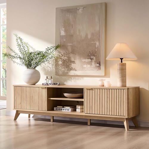 70-Inch Mid-Century Modern Fluted TV Stand with Storage Cabinets