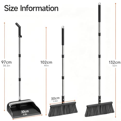 Standing Broom and Dustpan Set with 52-Inch Long Handle & Built-in Comb Teeth