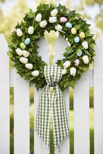 Green & White Plaid Wreath Sash for Front Door - Spring Farmhouse Decor