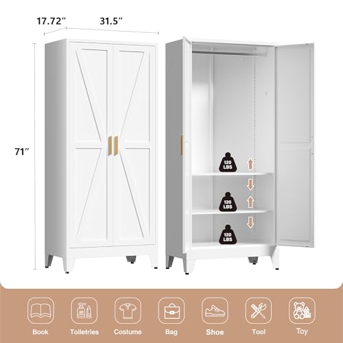 71-Inch Metal Wardrobe Closet with Adjustable Shelves and Hanging Rod