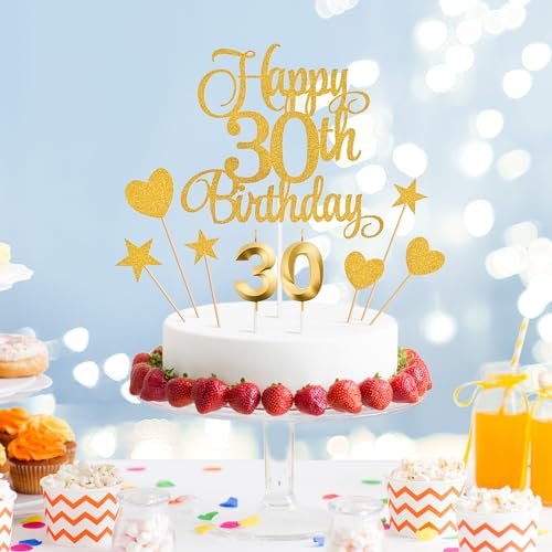 30th Birthday Cake Topper and Numeral Candle Set - Gold Glitter Decor