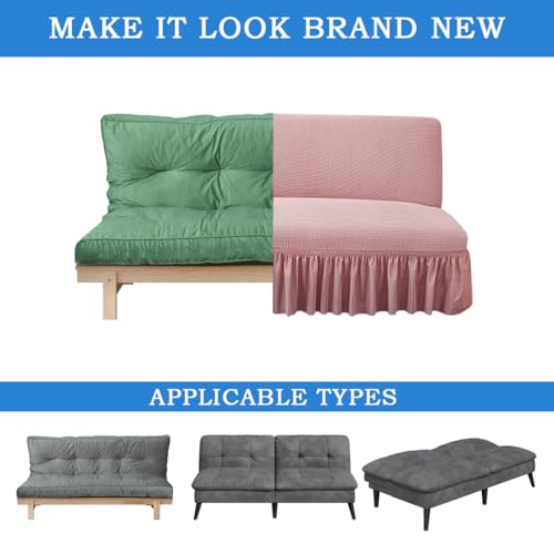 Stretch Futon Cover with Skirt for Armless Sofa Bed - Full Size, Knitted Fabric, Elastic Bottom, Pink