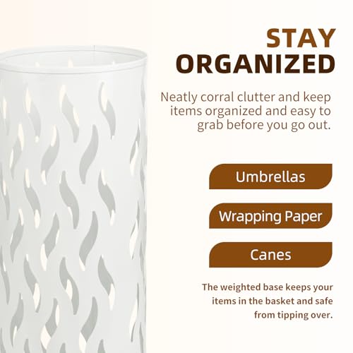Metal Umbrella Stand for Entryway - Slim Storage Rack with 4 Hooks (White)
