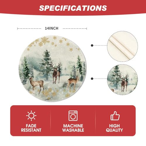 Artoid Mode 14" Round Placemats Set of 6 – Watercolor Deer, Trees & Snowflakes, Green