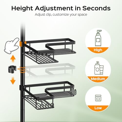 HAMITOR Shower Caddy - 4-Tier Rustproof Bathroom Organizer with Adjustable Tension Pole | No-Drill Design - 47-123 Inch Black