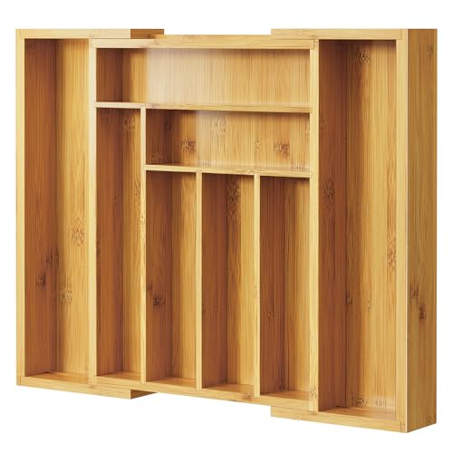 Expandable Bamboo Silverware Drawer Organizer - Adjustable Cutlery Tray