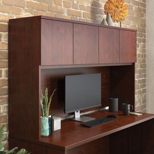 60-Inch Desk Hutch with Storage Cabinets and Open Workspace, Brown Wood