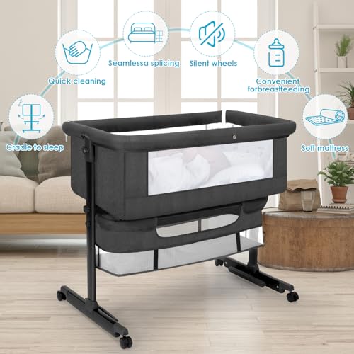 3-in-1 Convertible Bedside Bassinet with Swivel Wheels - Dark Gray