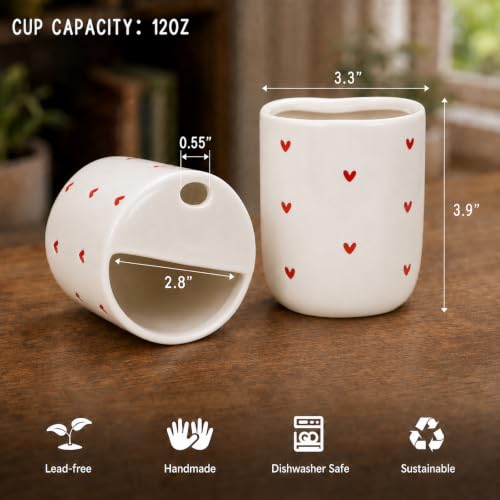 KOIMYSA Red Heart 12oz Ceramic Coffee Mug with Silicone Sleeve & Lid