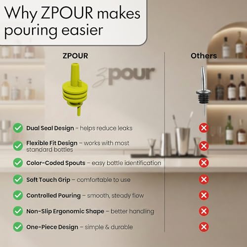 Yellow Silicone Liquor Pour Spout Pack of 6 - Leakproof Bar Dispenser for Bottles