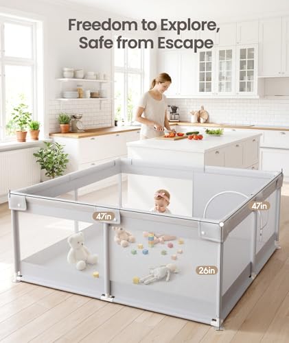 Baby Playpen 47x47in with Door and Breathable Mesh for Infants