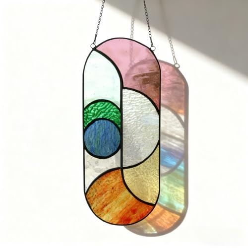 Handmade Stained Glass Suncatcher Panel - Geometric Design, 4.5" x 11"