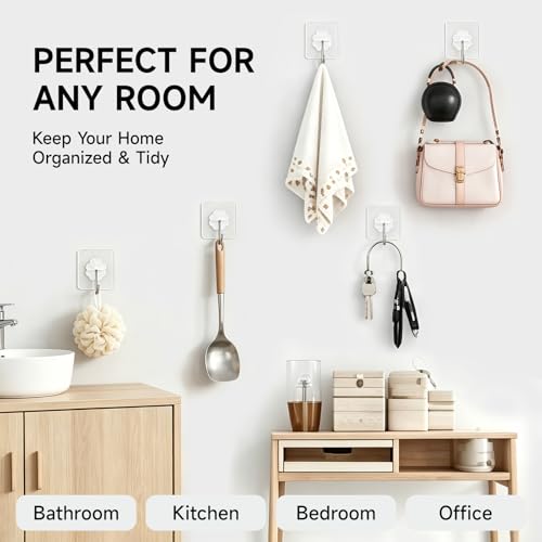 16-Pack Heavy Duty Adhesive Hooks, Clear Damage-Free Wall Hooks for Hanging