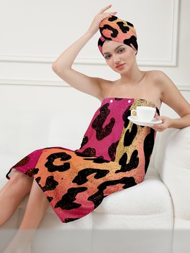 Women's Leopard Print Microfiber Bath Towel Wrap & Hair Turban Set
