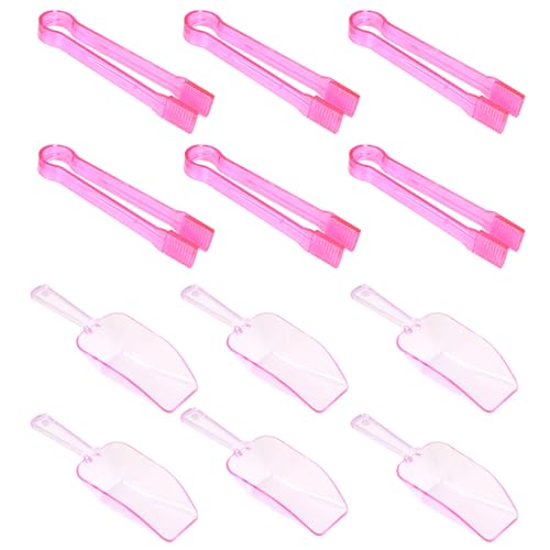 Hmxpls 12Pcs Clear Pink Plastic Ice Tongs & Scoops Set for Food & Candy Buffets