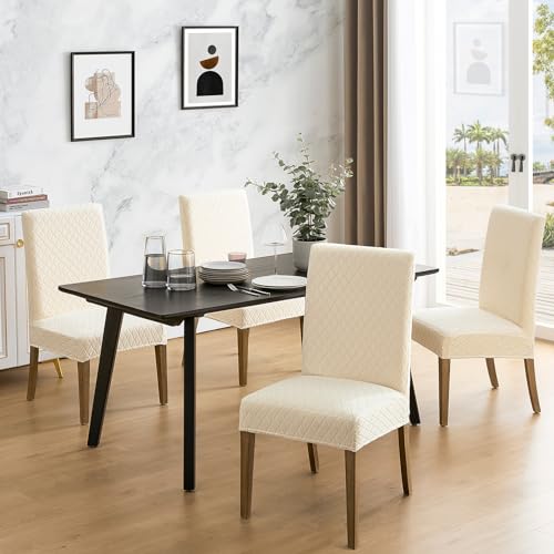 100% Waterproof Stretch Jacquard Dining Chair Covers - Set of 4, Beige