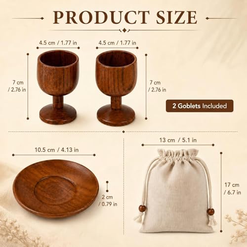 Wooden Communion Wedding Set with 2 Chalice Goblets, Wafer Tray & Linen Bag