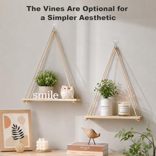 2-Piece Macrame Floating Wall Shelves with LED Lights and Artificial Ivy
