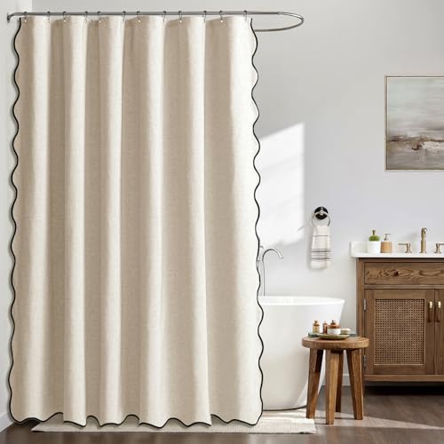 MIULEE Scalloped Shower Curtain Waterproof Linen Textured Cream 72x72