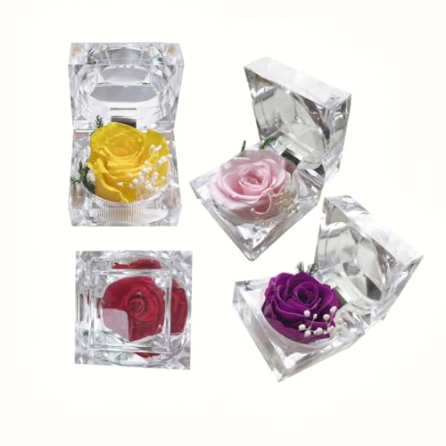 Preserved Yellow Real Rose in Clear Acrylic Ring Box for Gifts