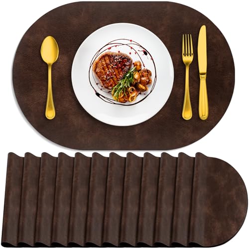 ADRIMER Coffee Oval Placemat Set of 12 - Wipeable Faux Leather, 17x12 inches