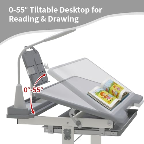 Kids Ergonomic Height Adjustable Study Desk and Chair Set with LED Lamp