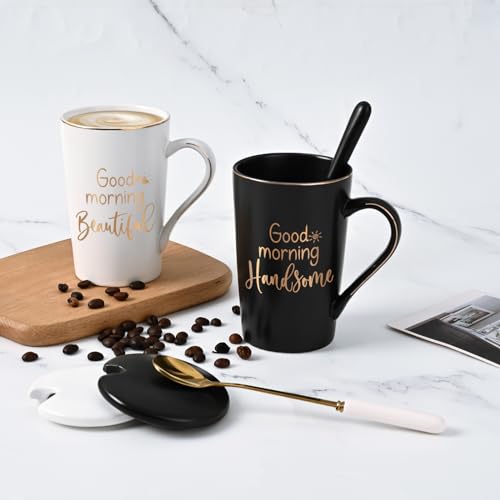 YHRJWN Black & White Good Morning Beautiful & Handsome Mugs, His & Hers 14 Oz Coffee Set (2) Christmas