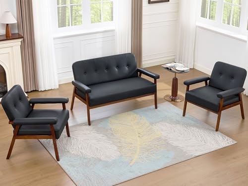 3-Piece Mid-Century Modern Faux Leather Loveseat and Accent Chair Set