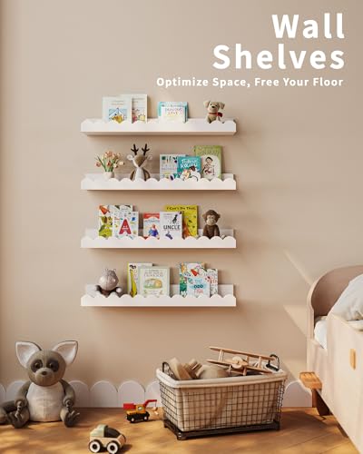 White Floating Nursery Book Shelves - 4-Pack Scalloped Wall Shelves