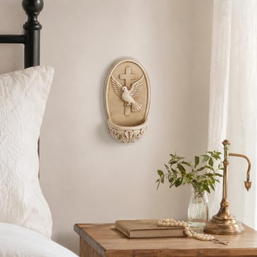Catholic Holy Water Font for Wall - Resin Cross and Dove Blessing Bowl, 6.8 In