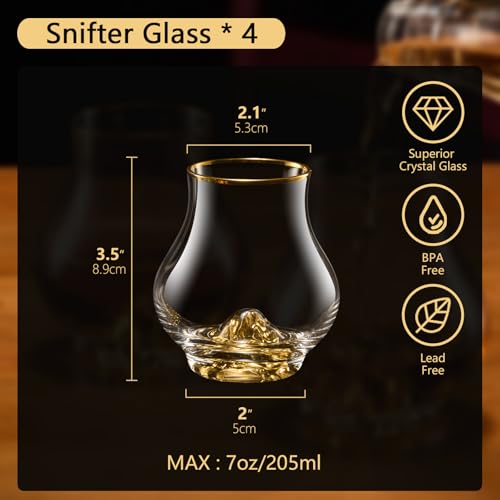 DUJUST 4-Pack Curvaceous Whiskey Glasses Set of 4, 7oz Crystal Glasses with 24K Gold Mountain, Old Fashioned Glass for Whiskey Brandy Cognac Tequila, Gift Ready
