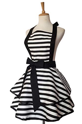 Retro Cotton Kitchen Apron with Adjustable Neck Strap - Black