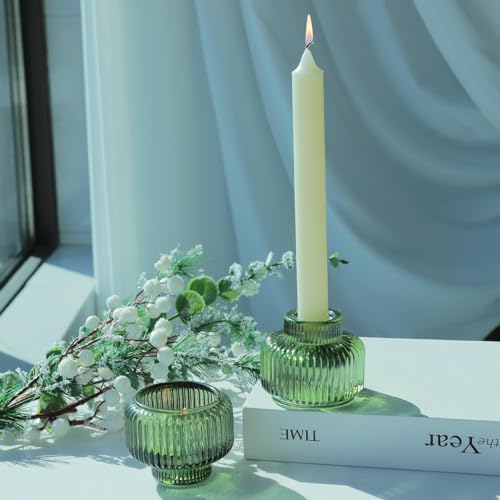 Woho Green Ribbed Taper Candle Holders (Set of 8) – Double-Sided, Vintage Glass