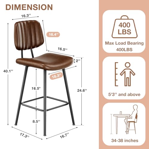 24-Inch Faux Leather Counter Height Bar Stools with Backrest, Set of 3