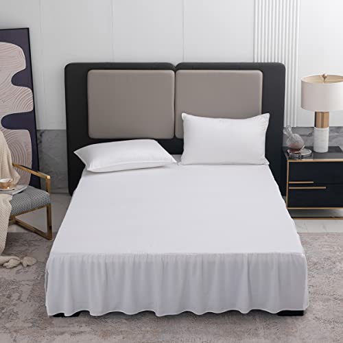 Queen Ruffled Bed Skirt with 14 Inch Drop & Split Corners - White Microfiber