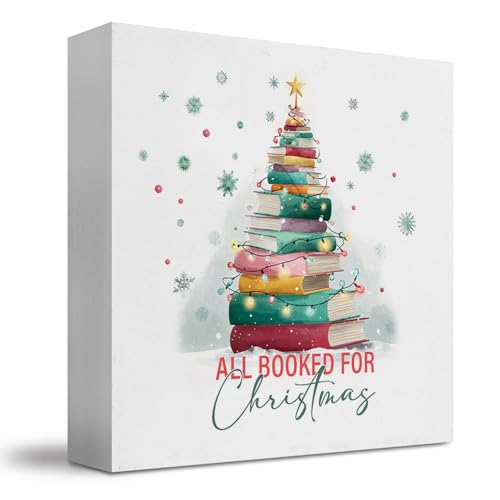 Christmas Tree Bookish Wooden Desk Sign - All Booked for Christmas Gift, 5x5 Inch