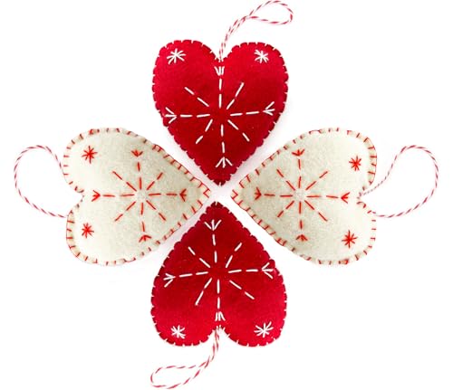 Meygajoe Felt Heart Ornaments 4pcs - Handmade Red & White Holiday Decorations