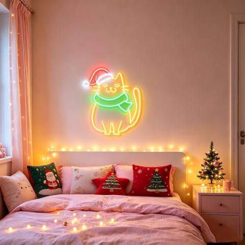 Christmas Cat Neon Sign LED Merry Christmas Neon Lights - USB, Dimmable, 16x13 Inch - HFHungkeong (Color4)